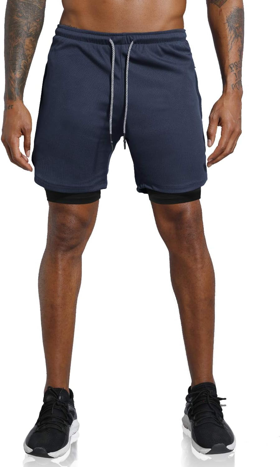 Men'S 2 in 1 Workout Running Shorts Lightweight Training Yoga Gym 7" Short with Zipper Pockets