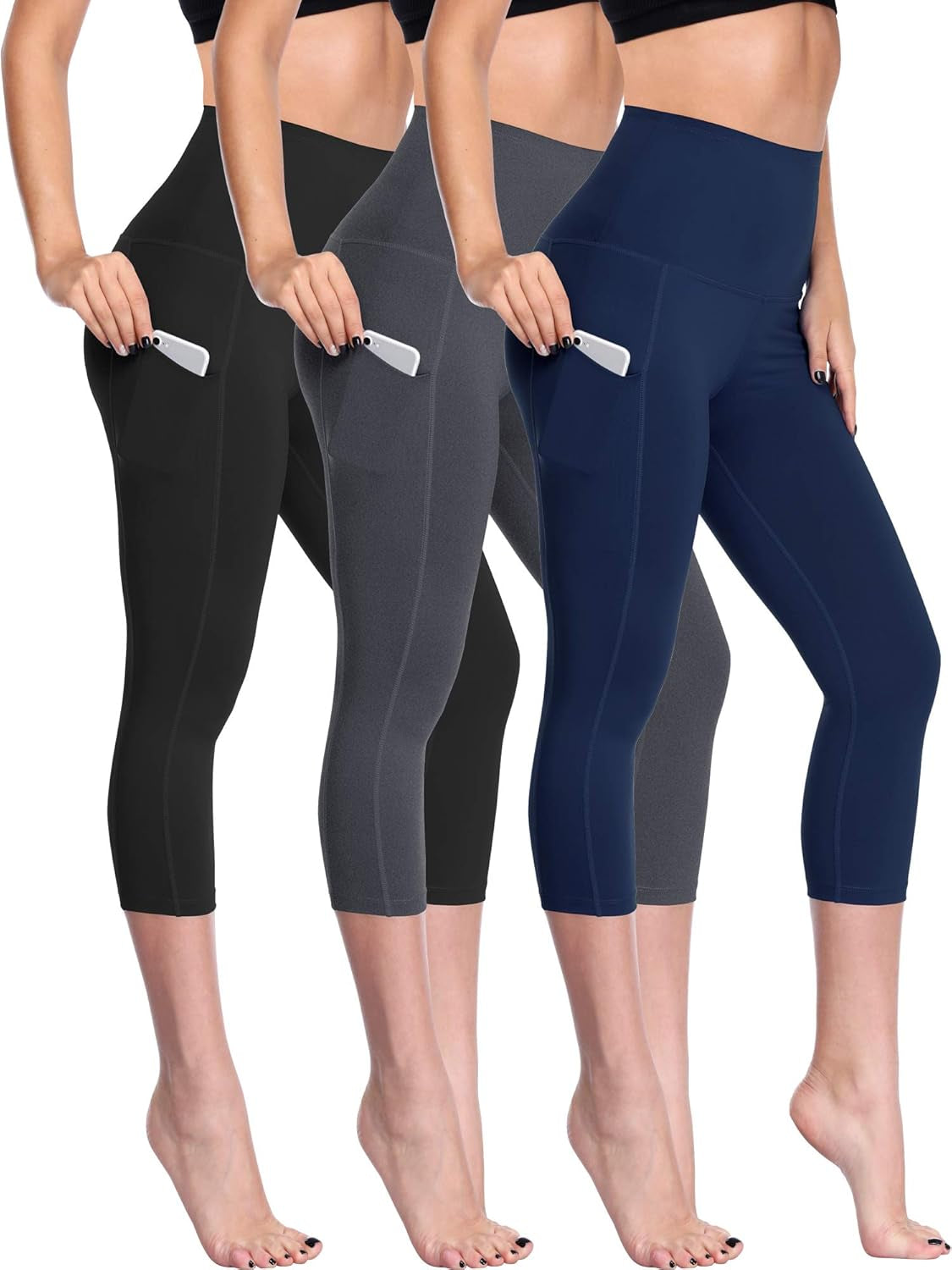 Women'S Tummy Control High Waist Capri Running Leggings Yoga Pants with Pocket