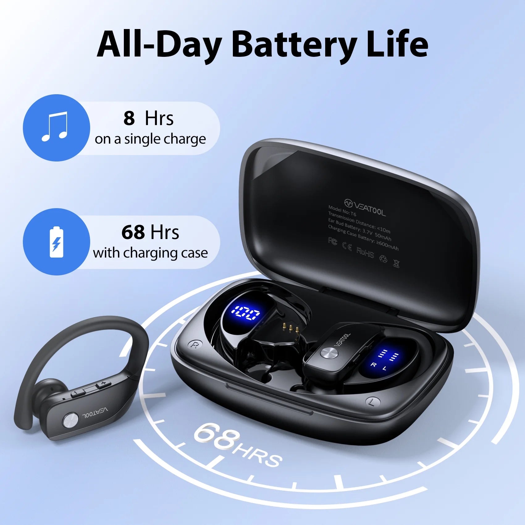 Wireless Earbuds Bluetooth Headphone Sport, Bluetooth 5.4 Earbud, 72Hrs Earphone with Earhook, Noise Cancelling Mic, IP7 Waterproof Headset for Workout/Running