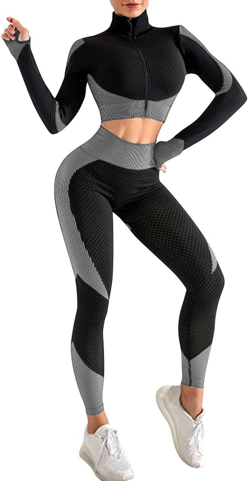 Women'S Workout Sets 2 Piece Long Sleeve High Waist Legging Set Crop Top Gym